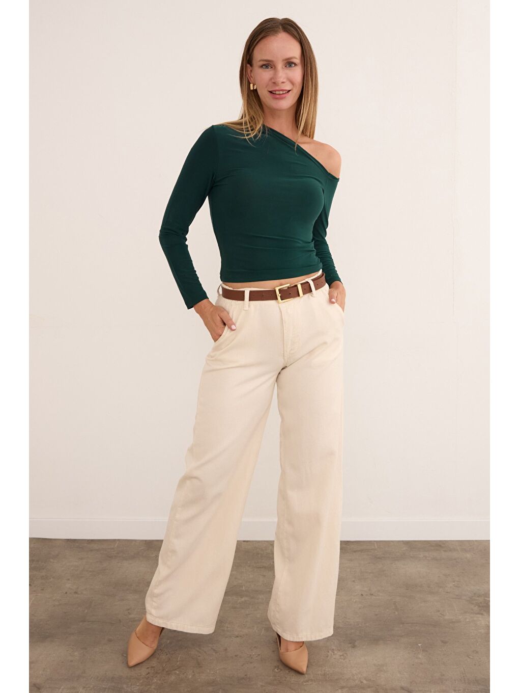 Yeşil Basic Tek Omuz Bluz-4