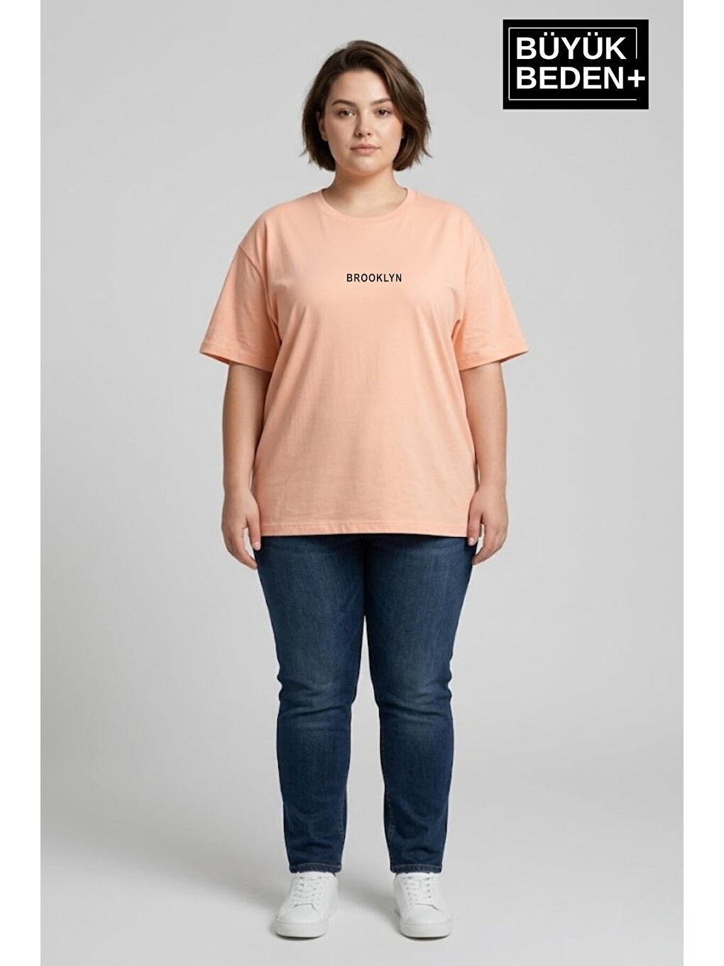 Turuncu Kadın Büyük Beden Orta Brooklyn Baskılı 3xl-6xl Bisiklet Yaka Tshırt SPR26BTSK510-8