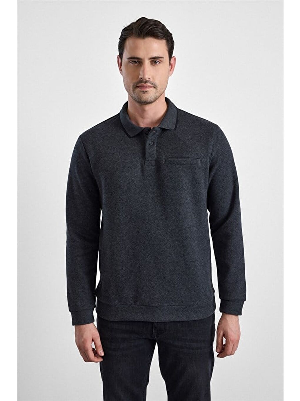 Antrasit Regular Düz Baskısız Selanik Düğmeli Polo Yaka Torba Cep Trikolu Standart Sweatshirt