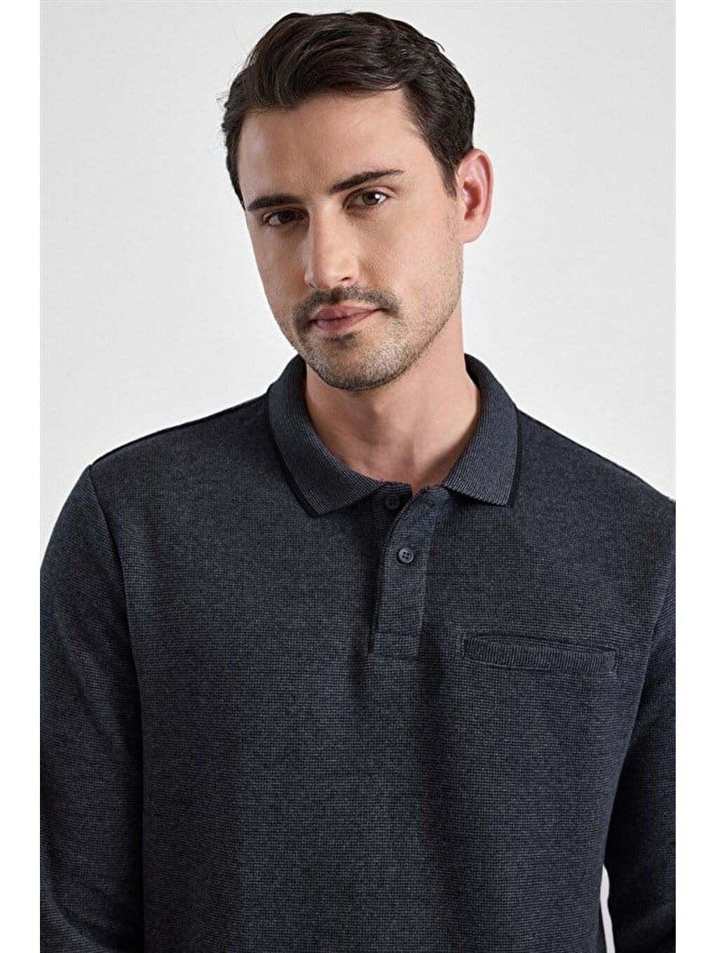 Antrasit Regular Düz Baskısız Selanik Düğmeli Polo Yaka Torba Cep Trikolu Standart Sweatshirt-1