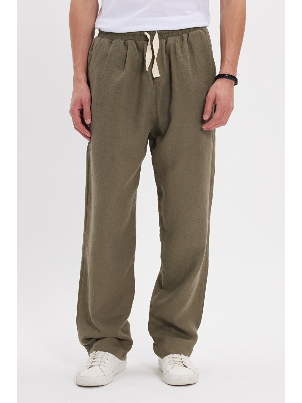 Erkek Baggy Fit Geniş Kesim %100 Pamuk Beli Lastikli Yandan Cepli Müslin Haki Düz Pantolon-1