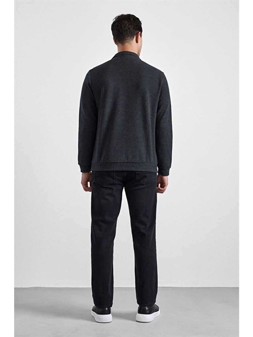 Antrasit Regular Düz Baskısız Selanik Düğmeli Polo Yaka Torba Cep Trikolu Standart Sweatshirt-2