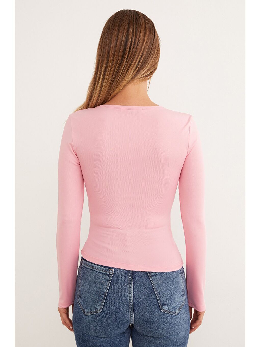 Pembe Toka Detaylı Bisiklet Yaka Bluz-3