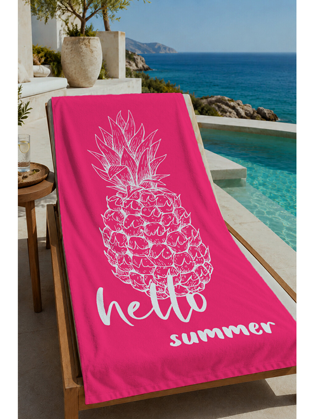 Pembe Hello Summer Ananas Desenli 70x150 Cm Dijital Baskılı Plaj Ve Banyo Havlusu