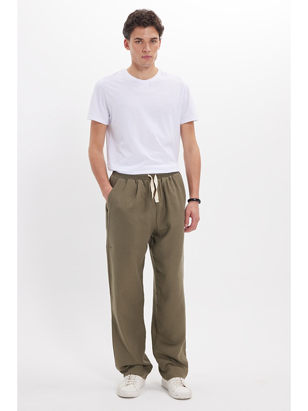 Erkek Baggy Fit Geniş Kesim %100 Pamuk Beli Lastikli Yandan Cepli Müslin Haki Düz Pantolon-3