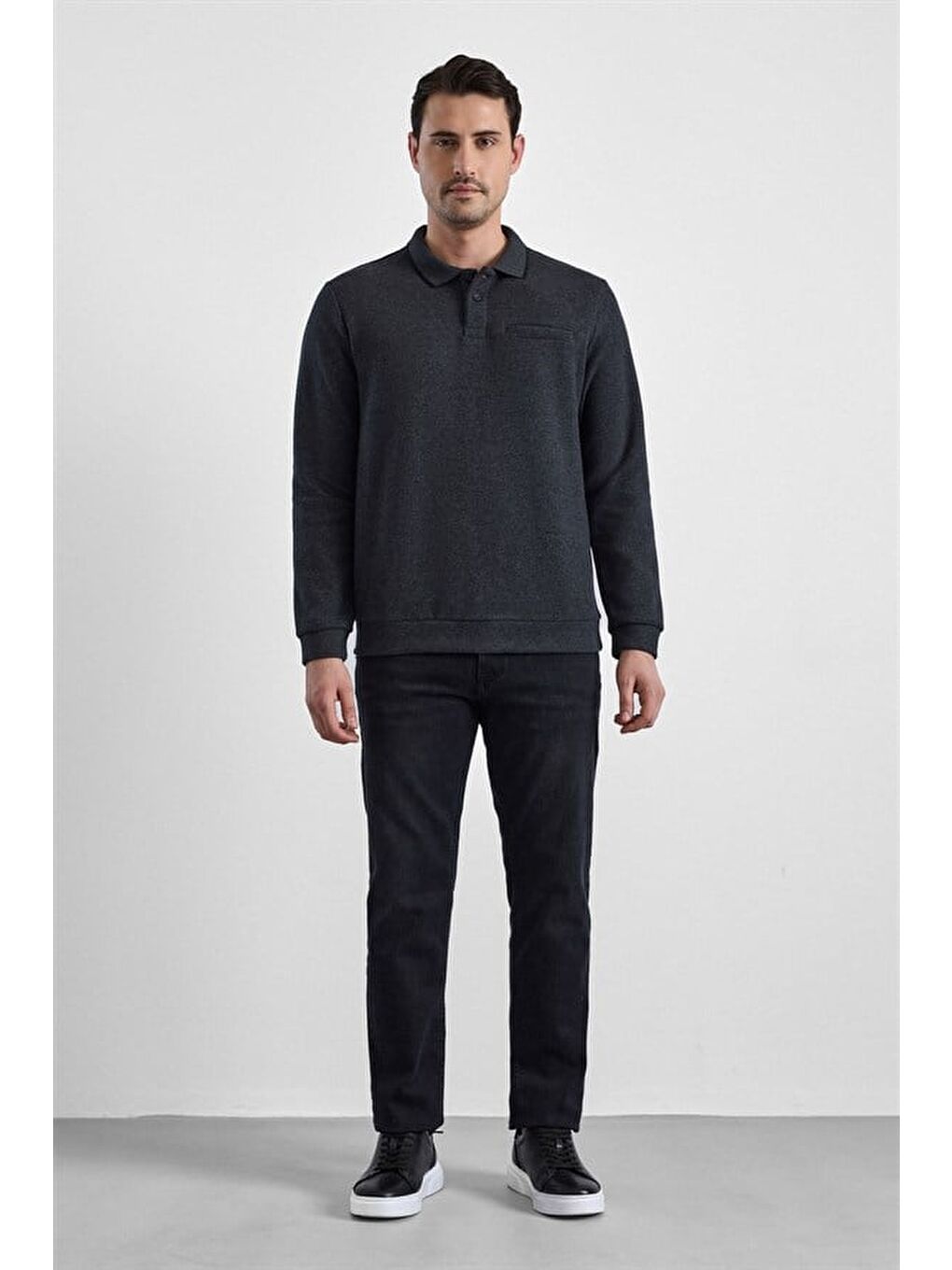 Antrasit Regular Düz Baskısız Selanik Düğmeli Polo Yaka Torba Cep Trikolu Standart Sweatshirt-3