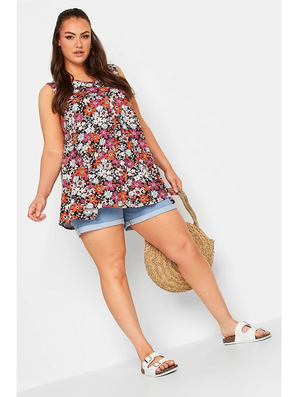 Pembe Büyük Beden Sıfır Kol V Yaka Çiçek Desenli Bluz 302385-1