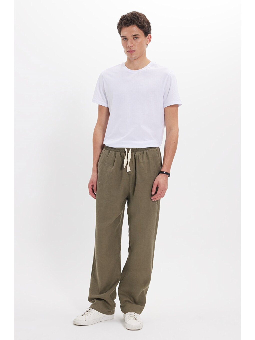 Erkek Baggy Fit Geniş Kesim %100 Pamuk Beli Lastikli Yandan Cepli Müslin Haki Düz Pantolon-4