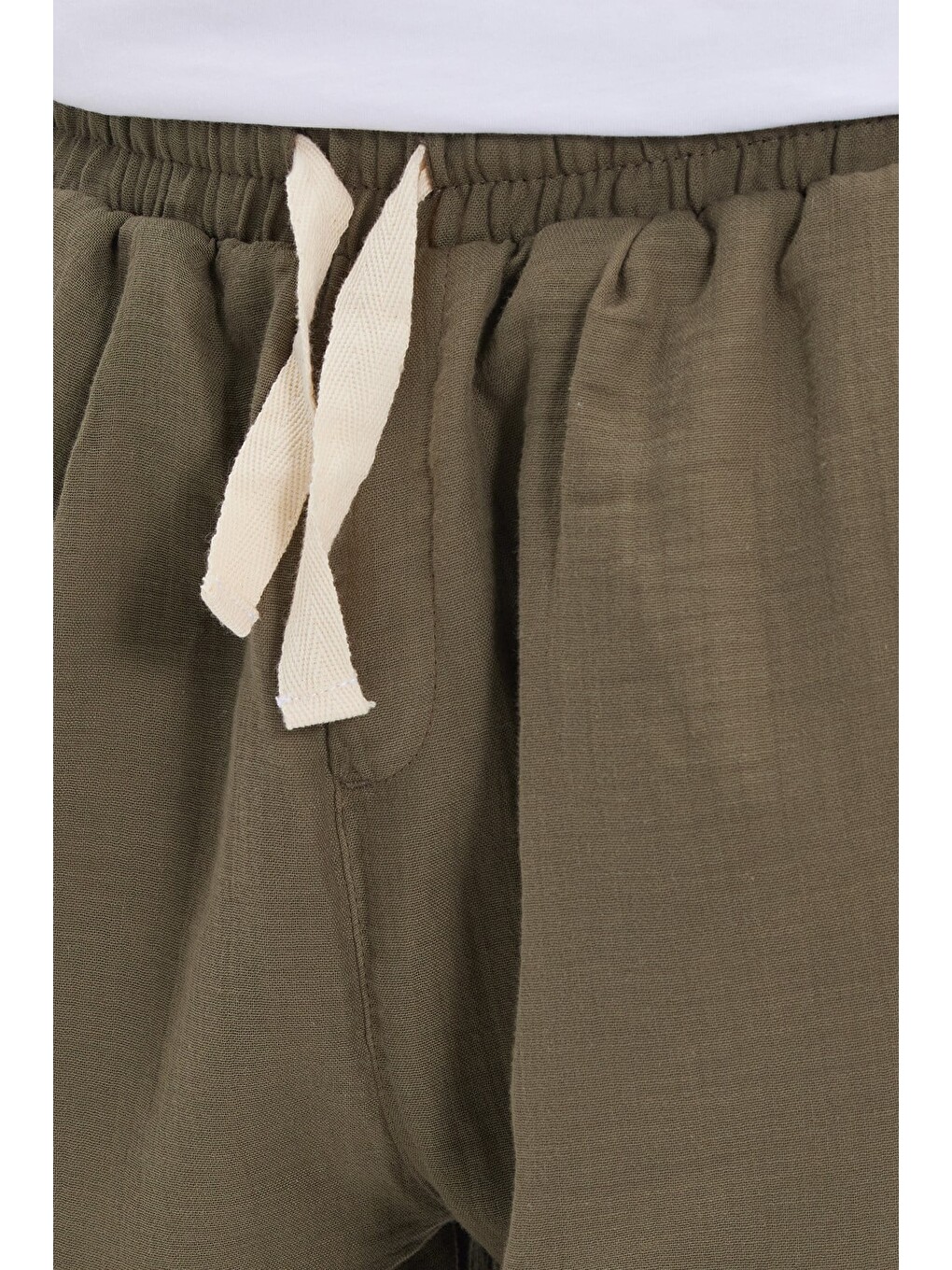 Erkek Baggy Fit Geniş Kesim %100 Pamuk Beli Lastikli Yandan Cepli Müslin Haki Düz Pantolon-5
