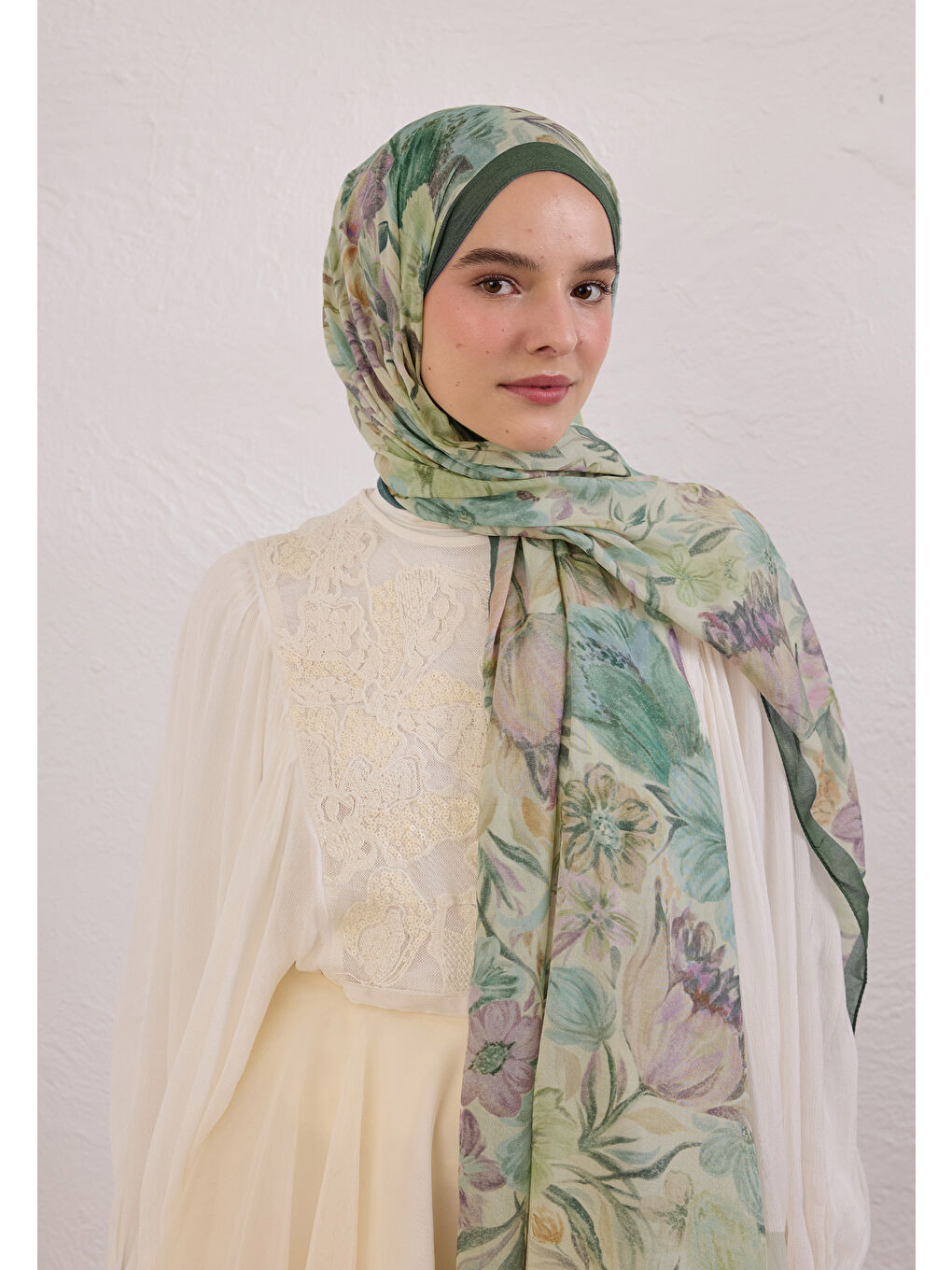 Yeşil VINTAGE GARDEN DESEN RAMİ ŞAL KOYU YEŞİL-1