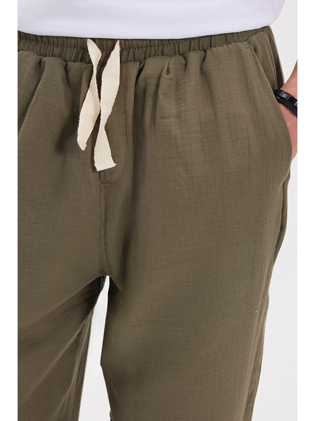 Erkek Baggy Fit Geniş Kesim %100 Pamuk Beli Lastikli Yandan Cepli Müslin Haki Düz Pantolon-6