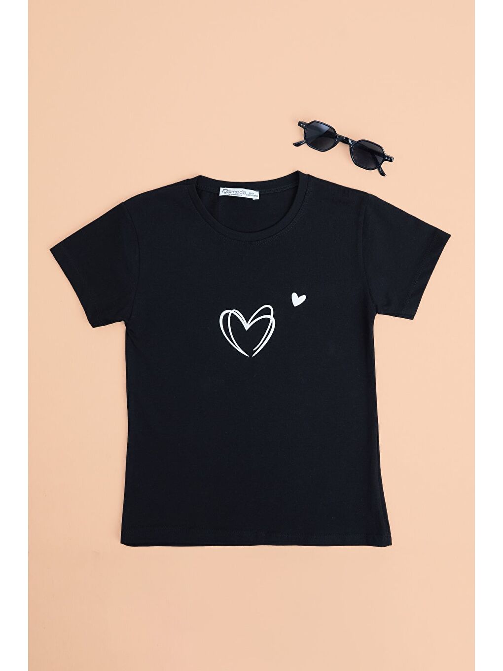 Siyah Kalp Baskılı Bisiklet Yaka Kız Çocuk Tişört