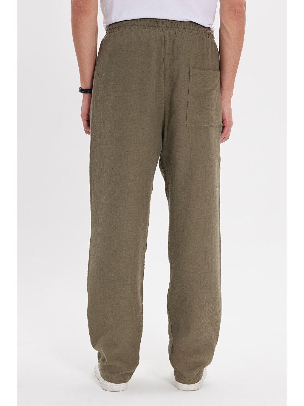 Erkek Baggy Fit Geniş Kesim %100 Pamuk Beli Lastikli Yandan Cepli Müslin Haki Düz Pantolon-7