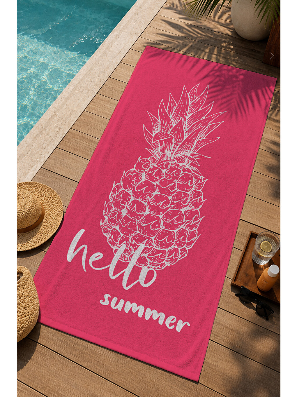 Pembe Hello Summer Ananas Desenli 70x150 Cm Dijital Baskılı Plaj Ve Banyo Havlusu-2