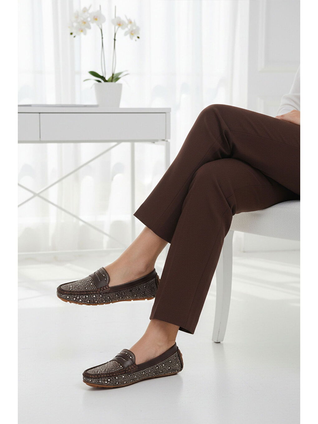 Kahverengi Kahve Taş İşlemeli Hafif Esnek Kadın Babet Ayakkabı 302122 Z-2