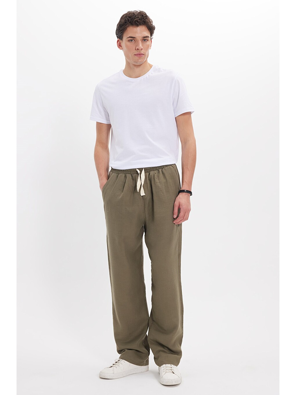 Erkek Baggy Fit Geniş Kesim %100 Pamuk Beli Lastikli Yandan Cepli Müslin Haki Düz Pantolon-8