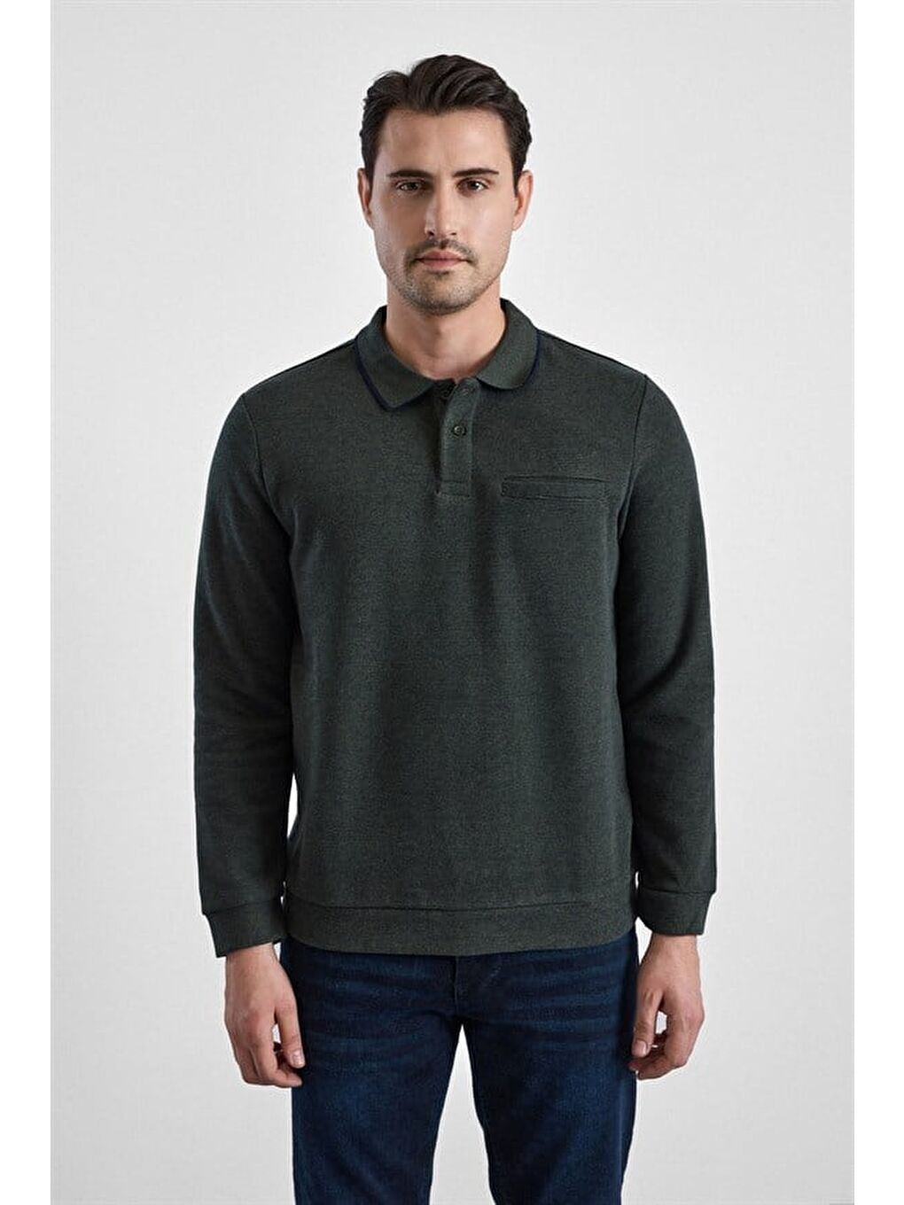 Haki Regular Düz Baskısız Selanik Düğmeli Polo Yaka Torba Cep Trikolu Standart Sweatshirt