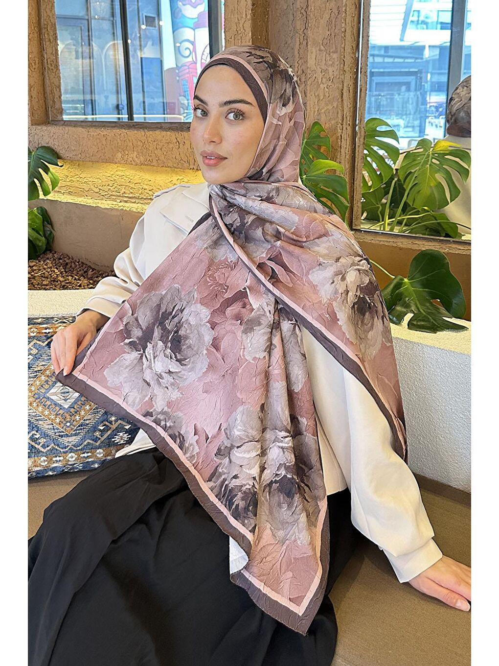 Pembe Flower Desen Bambu Şal Pudra-1