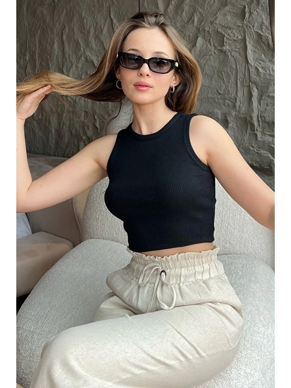 Siyah Kadın Halter Yaka Fitilli Kaşkorse Pamuk Crop Bluz-1