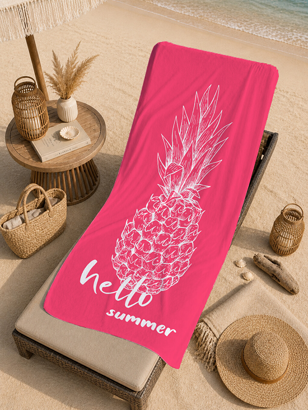 Pembe Hello Summer Ananas Desenli 70x150 Cm Dijital Baskılı Plaj Ve Banyo Havlusu-4