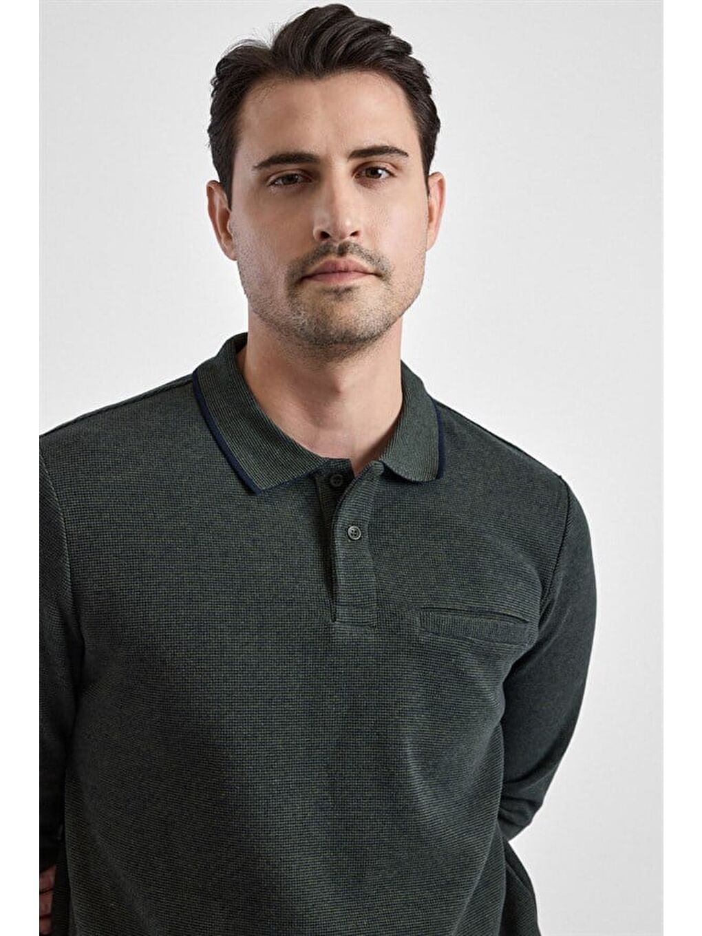 Haki Regular Düz Baskısız Selanik Düğmeli Polo Yaka Torba Cep Trikolu Standart Sweatshirt-1