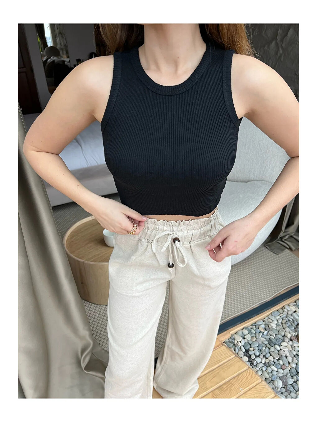 Siyah Kadın Halter Yaka Fitilli Kaşkorse Pamuk Crop Bluz-2