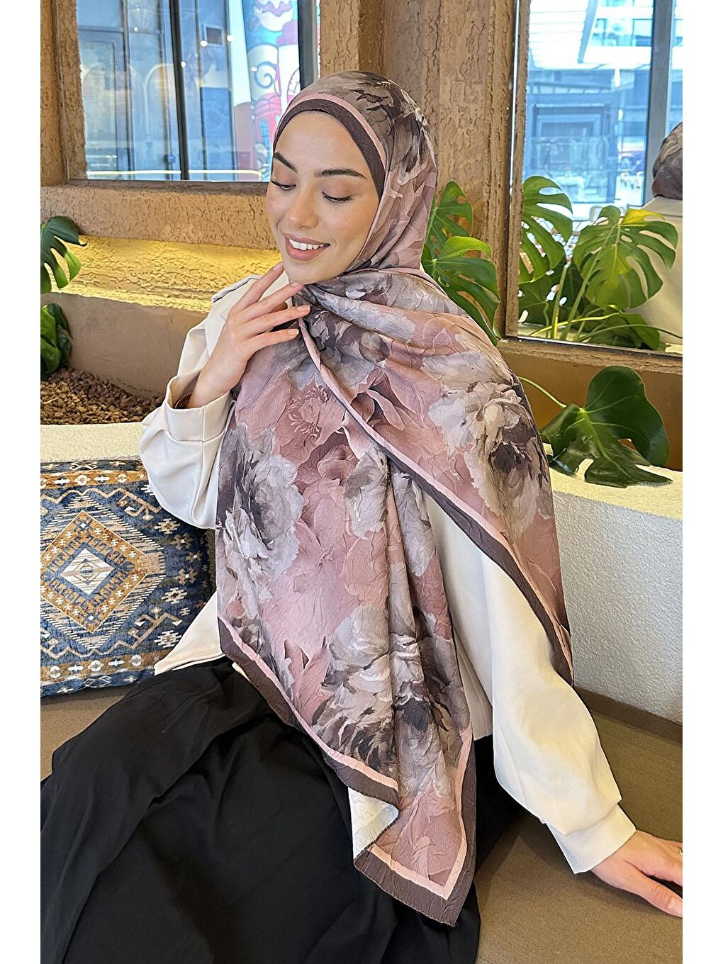 Pembe Flower Desen Bambu Şal Pudra-2