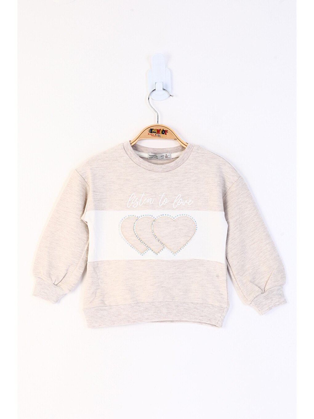 Bej Kız Çocuk Kalp Nakışlı Sweatshirt