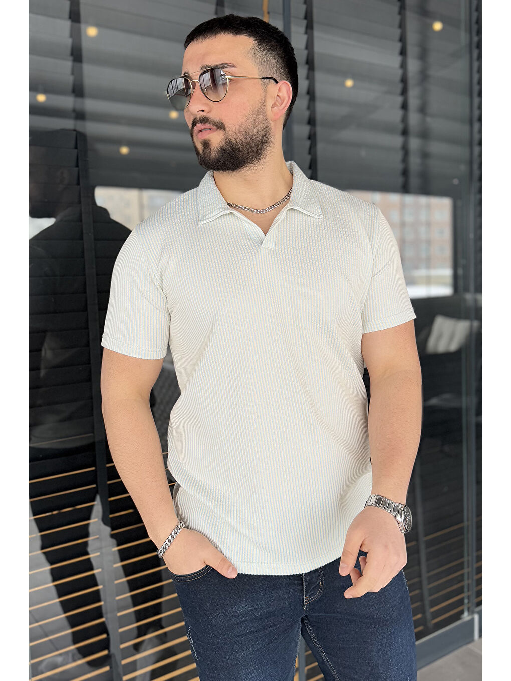 Mavi Erkek Polo Yaka Çizgi Desenli Elastanlı Tişört