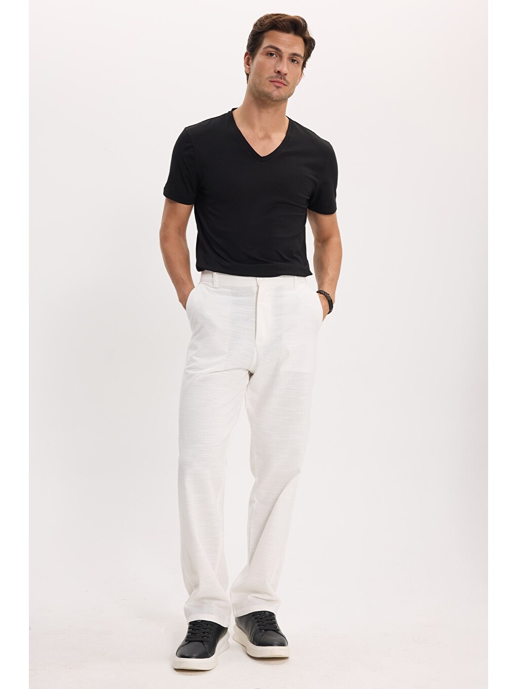 Erkek Relax Fit Rahat Kesim %100 Pamuk Geniş Paça Keten Kumaş Çift Cepli Beyaz Pantolon