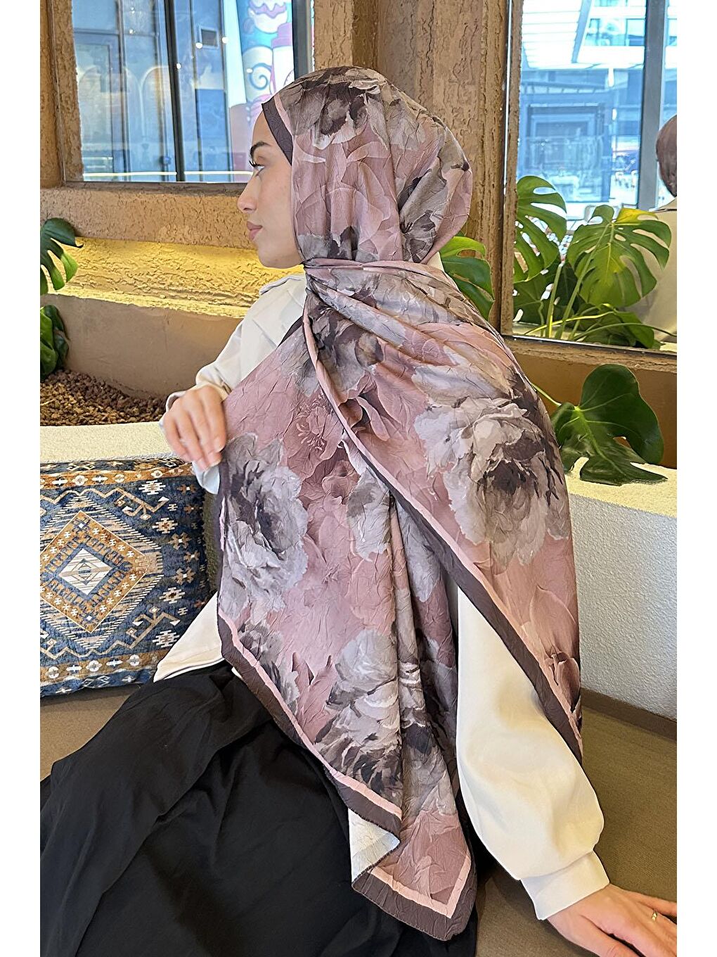 Pembe Flower Desen Bambu Şal Pudra-3