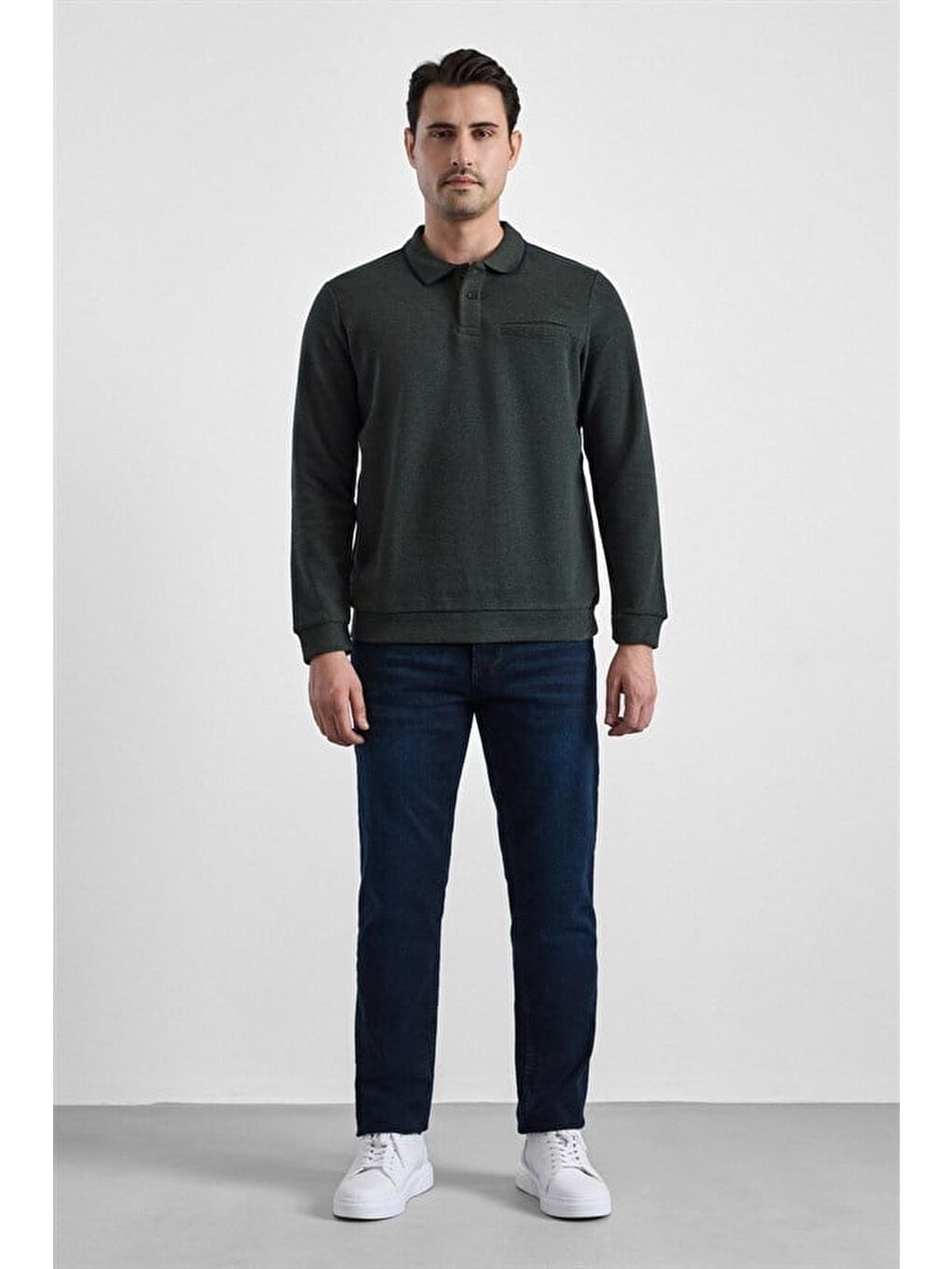 Haki Regular Düz Baskısız Selanik Düğmeli Polo Yaka Torba Cep Trikolu Standart Sweatshirt-3