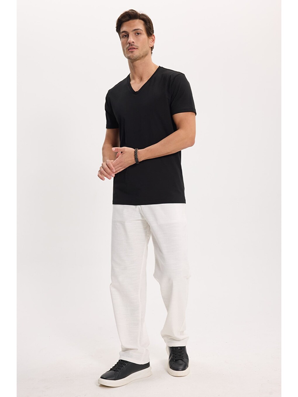 Erkek Relax Fit Rahat Kesim %100 Pamuk Geniş Paça Keten Kumaş Çift Cepli Beyaz Pantolon-2