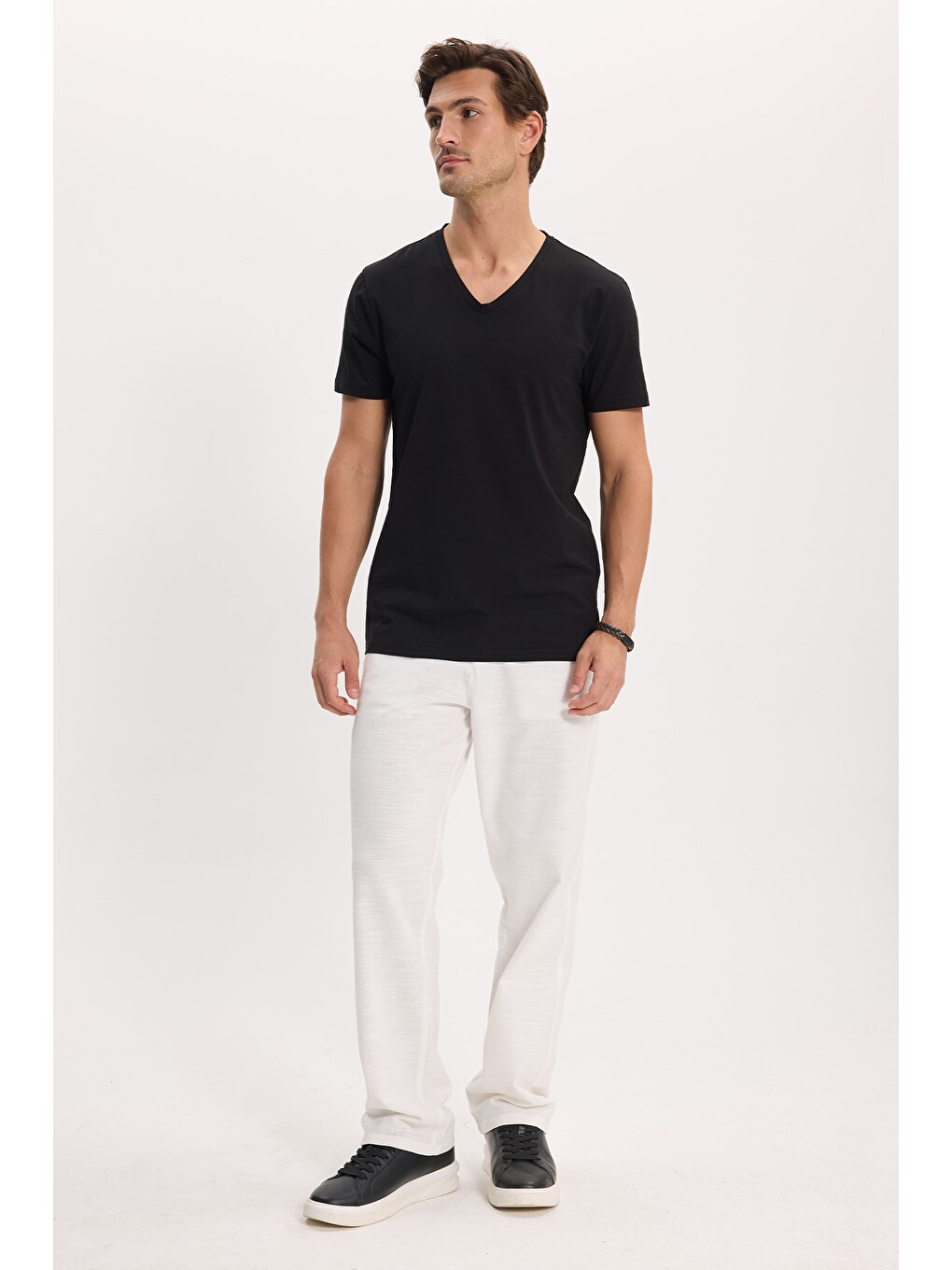 Erkek Relax Fit Rahat Kesim %100 Pamuk Geniş Paça Keten Kumaş Çift Cepli Beyaz Pantolon-4