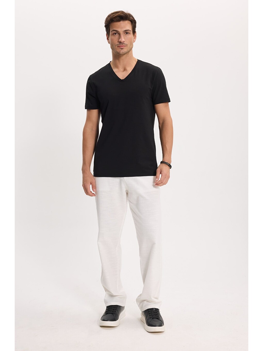 Erkek Relax Fit Rahat Kesim %100 Pamuk Geniş Paça Keten Kumaş Çift Cepli Beyaz Pantolon-5