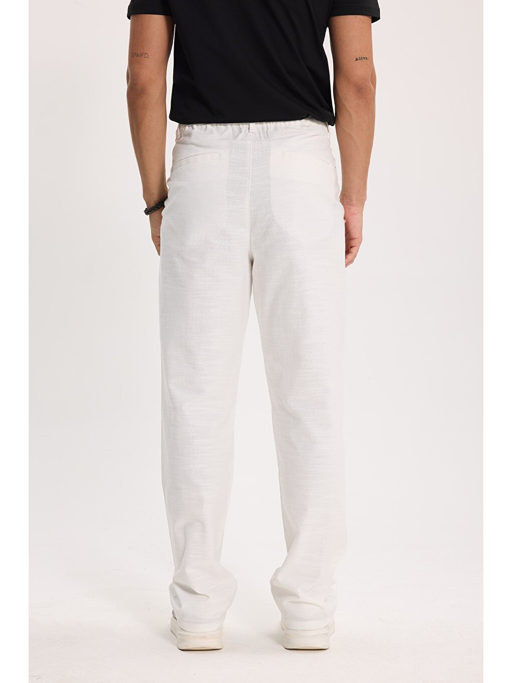 Erkek Relax Fit Rahat Kesim %100 Pamuk Geniş Paça Keten Kumaş Çift Cepli Beyaz Pantolon-6