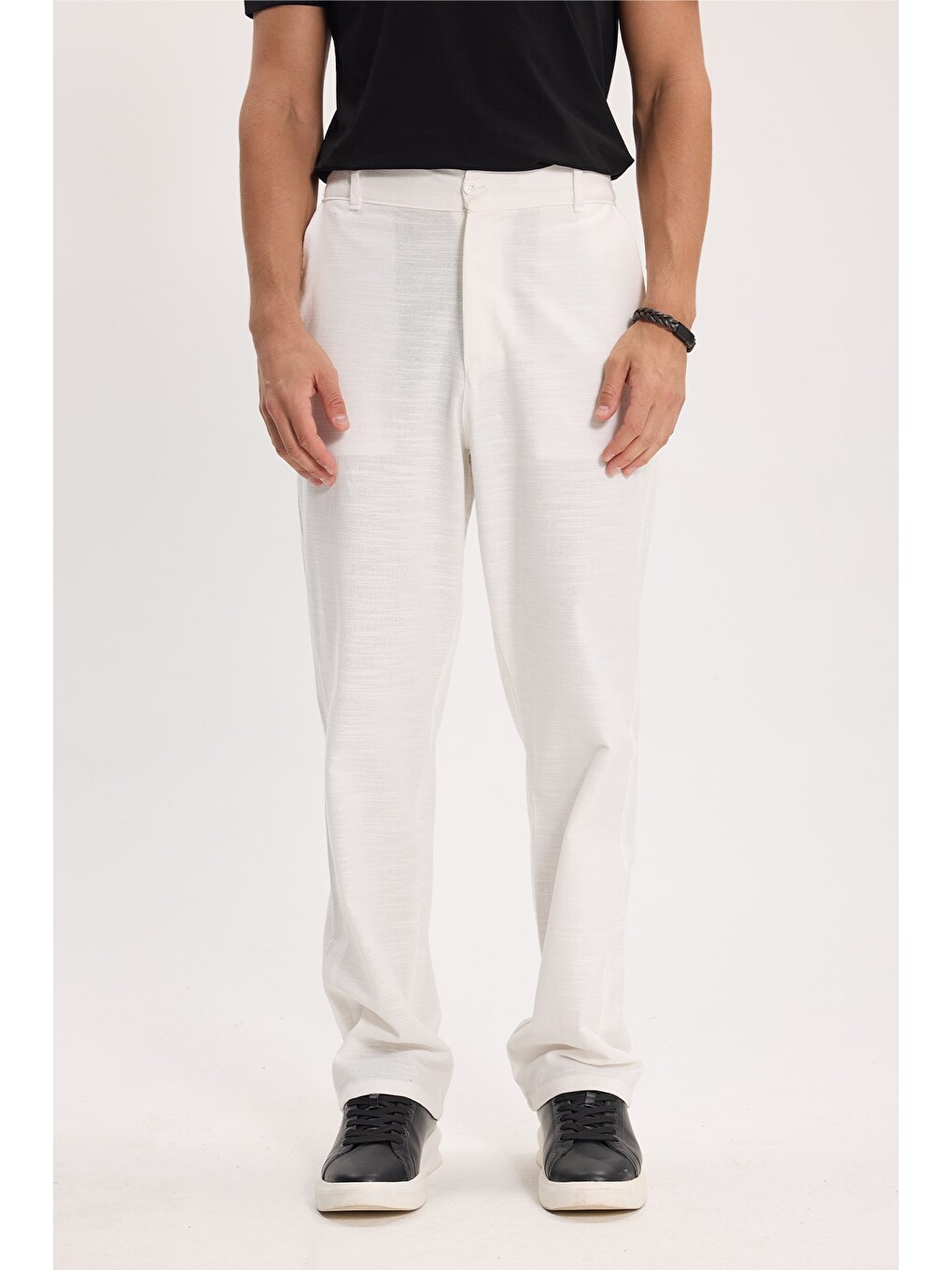 Erkek Relax Fit Rahat Kesim %100 Pamuk Geniş Paça Keten Kumaş Çift Cepli Beyaz Pantolon-7