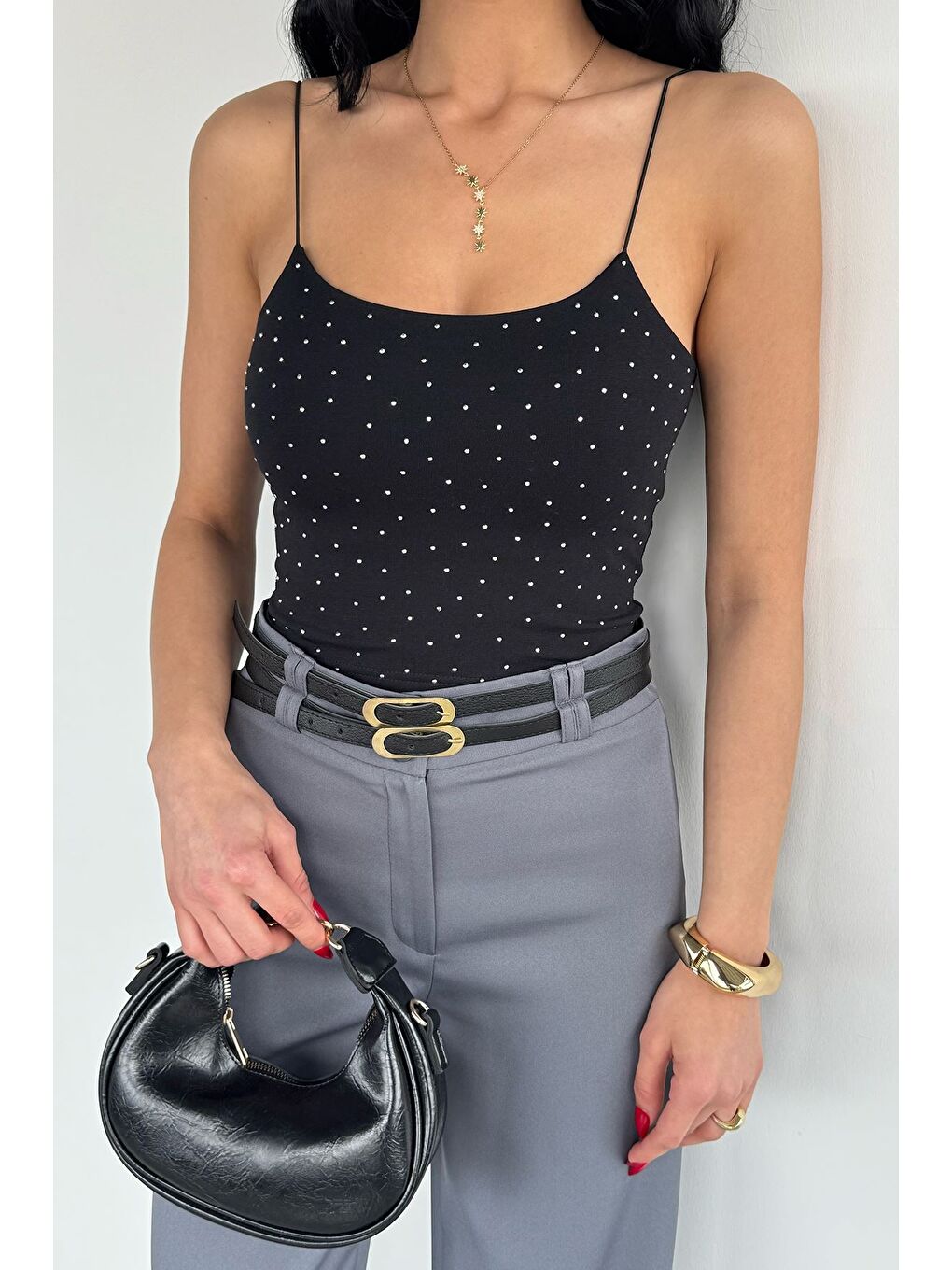 Siyah Kadın Lastik Askılı Taşlı Crop Top Bluz-1