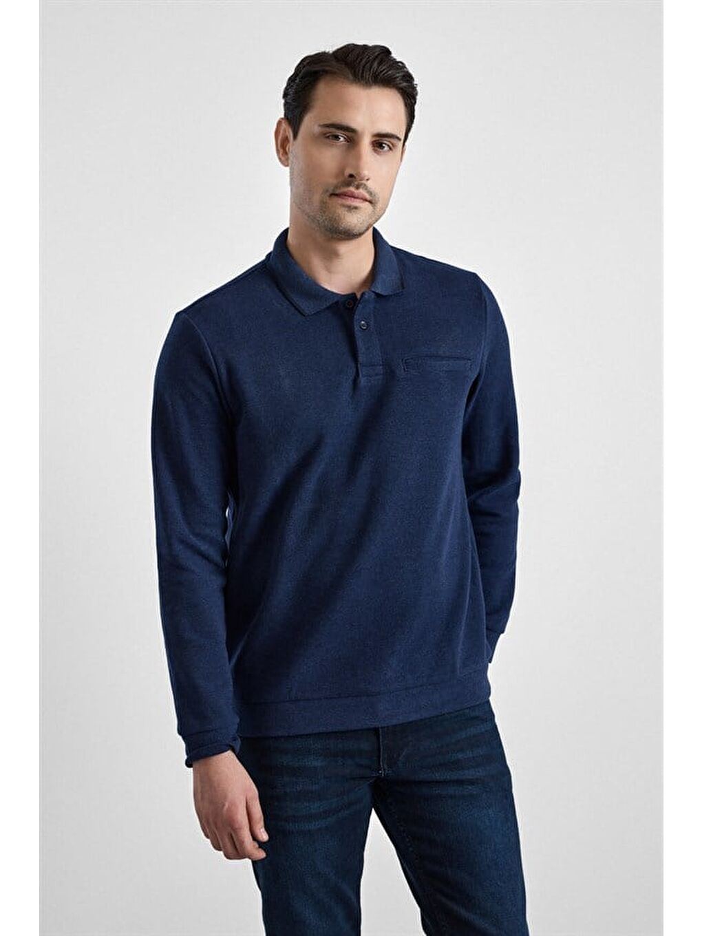 Lacivert Regular Düz Baskısız Selanik Düğmeli Polo Yaka Torba Cep Trikolu Standart Sweatshirt