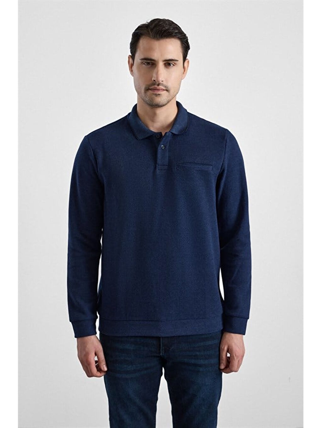 Lacivert Regular Düz Baskısız Selanik Düğmeli Polo Yaka Torba Cep Trikolu Standart Sweatshirt-1