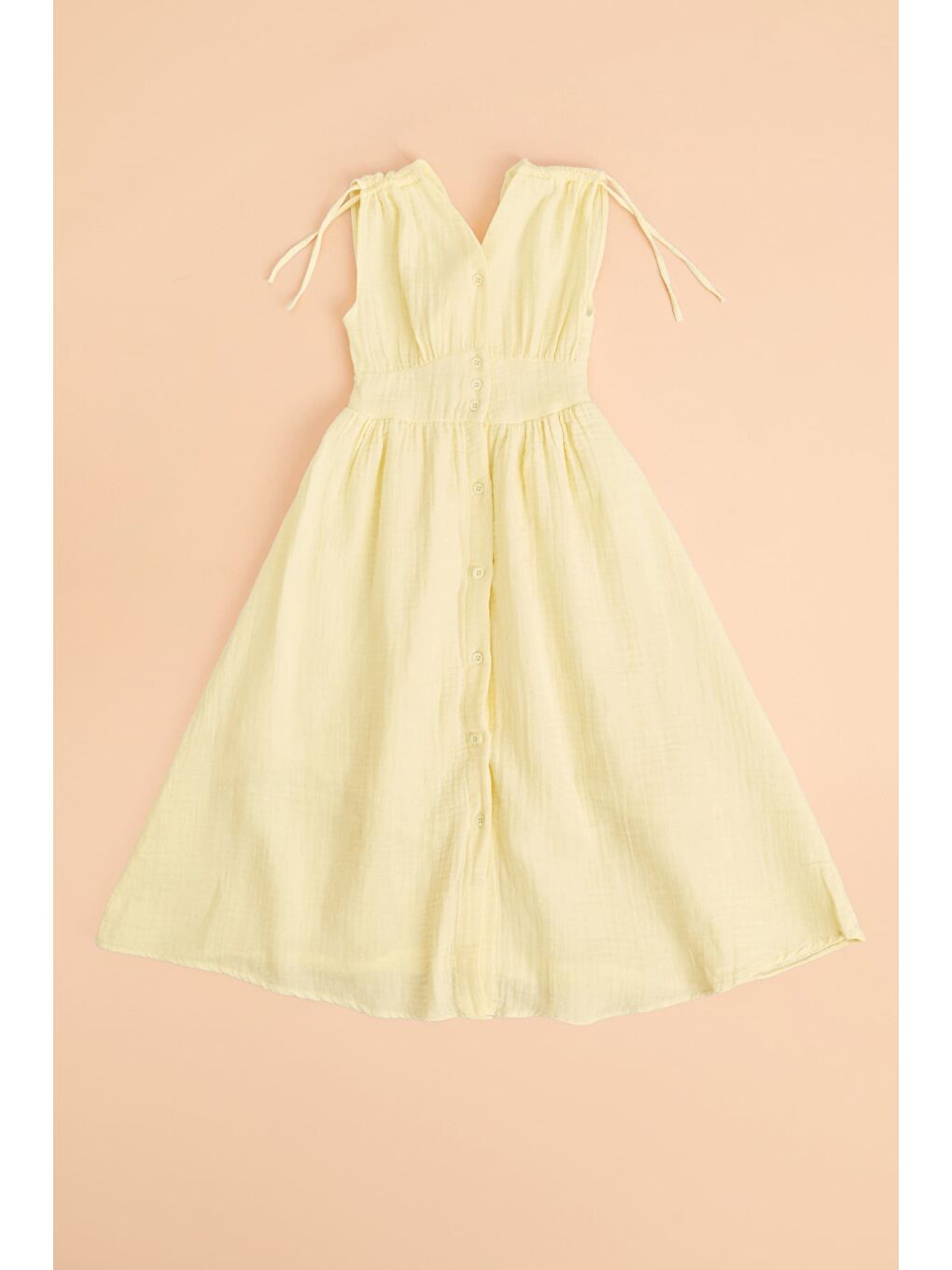 Sarı Omuz Bağcıklı Düğmeli Kız Çocuk Müslin Elbise