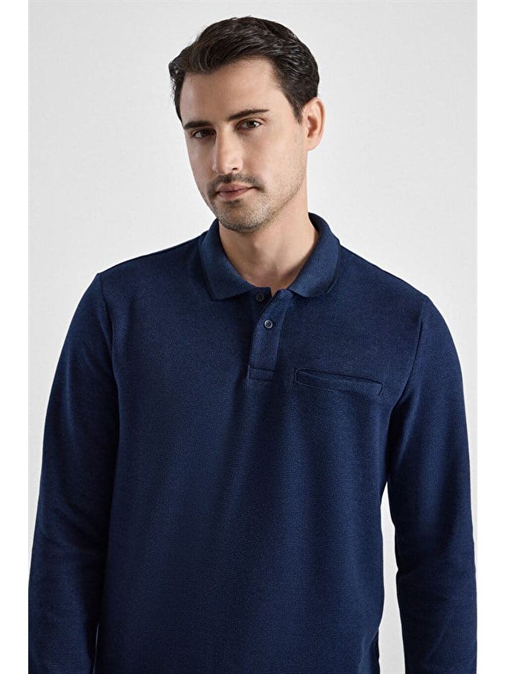 Lacivert Regular Düz Baskısız Selanik Düğmeli Polo Yaka Torba Cep Trikolu Standart Sweatshirt-2