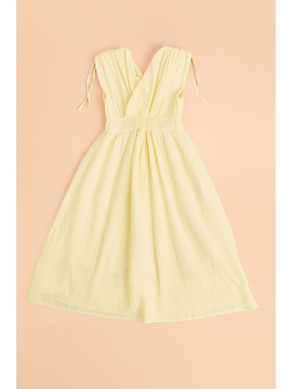 Sarı Omuz Bağcıklı Düğmeli Kız Çocuk Müslin Elbise-1
