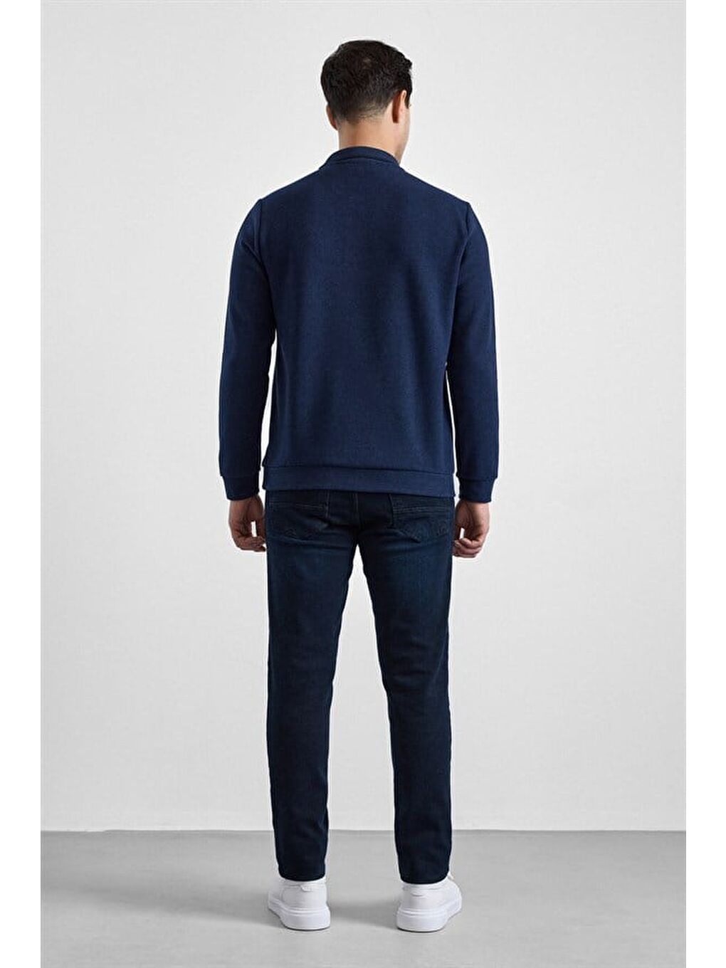 Lacivert Regular Düz Baskısız Selanik Düğmeli Polo Yaka Torba Cep Trikolu Standart Sweatshirt-3