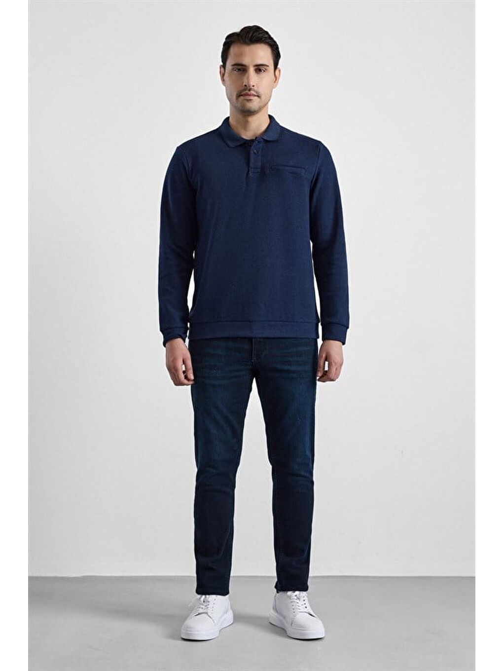 Lacivert Regular Düz Baskısız Selanik Düğmeli Polo Yaka Torba Cep Trikolu Standart Sweatshirt-4