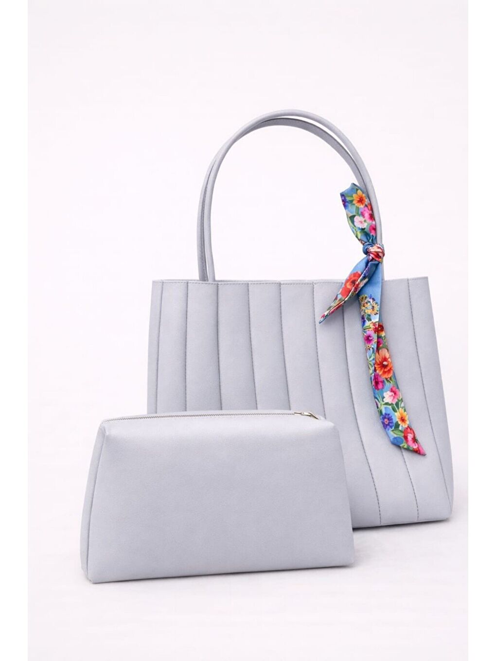 Gri Kadın Piliseli Omuz Çantası ve Cüzdan Seti - Desenli Eşarp Detaylı El ve Kol Çantası 12679