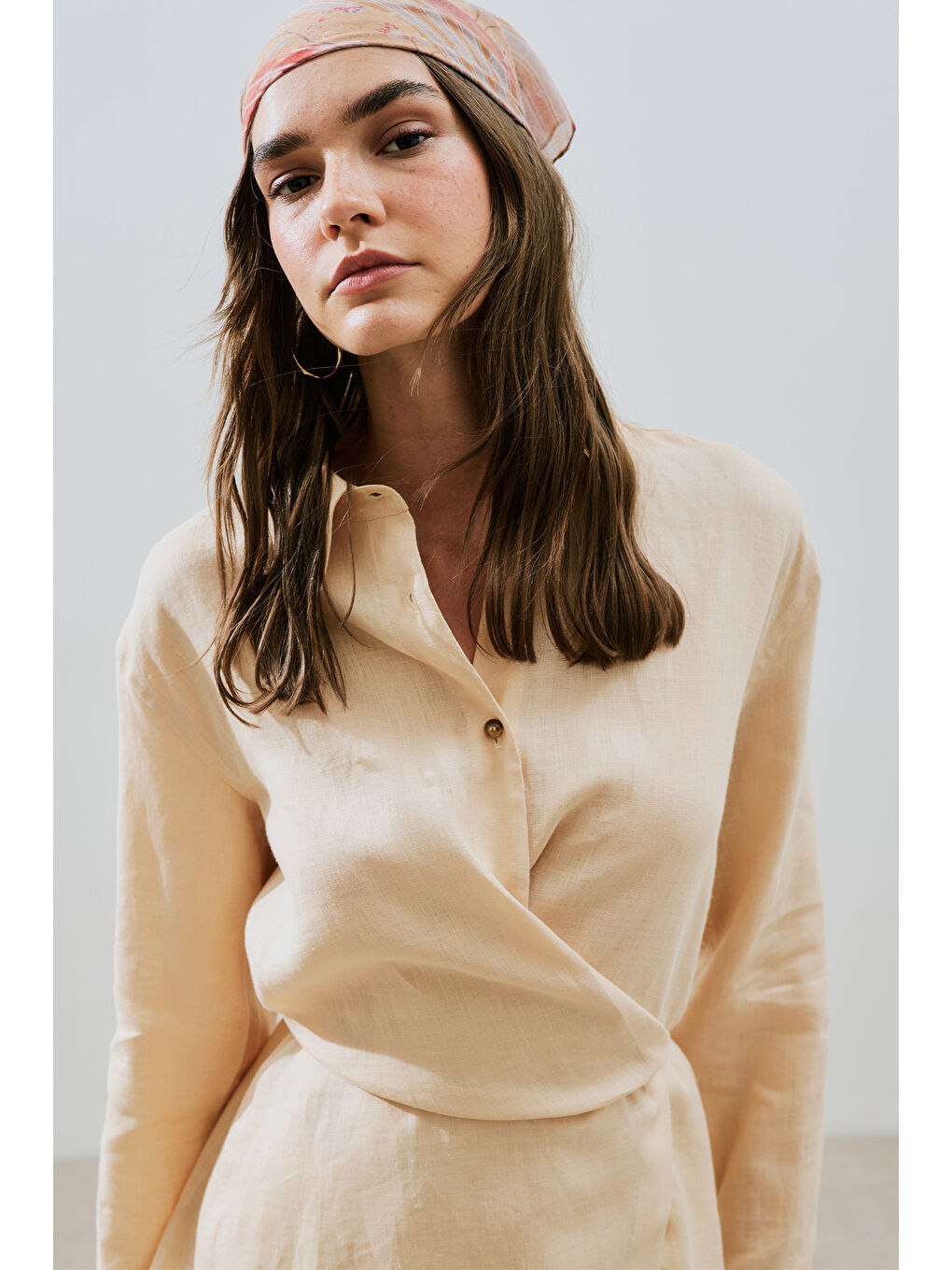 Turuncu Keten Bağlama Detaylı Gömlek Kavuniçi-1