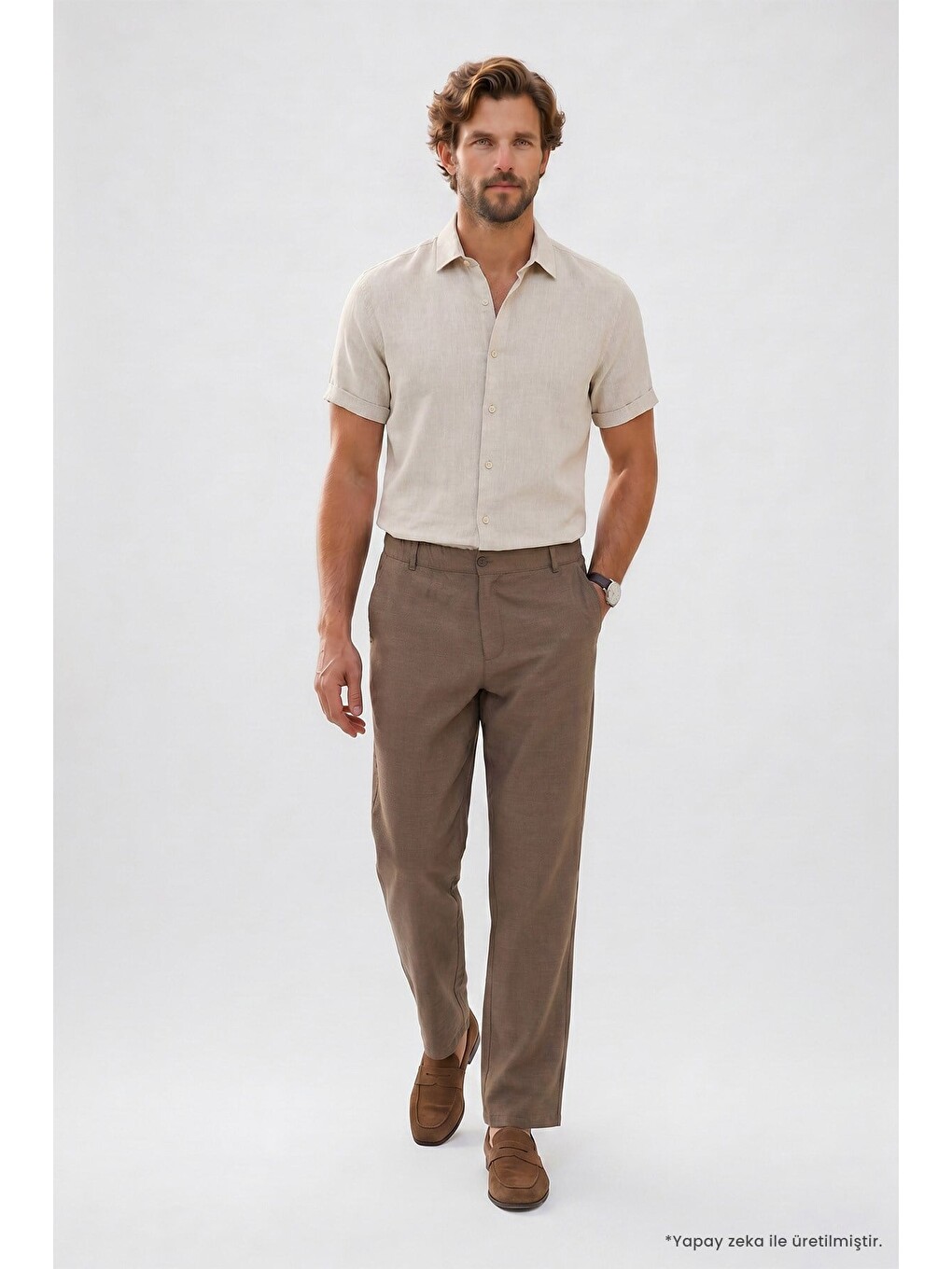 Erkek Relax Fit Rahat Kesim %100 Pamuk Geniş Paça Keten Kumaş Çift Cepli Kahverengi Pantolon-2