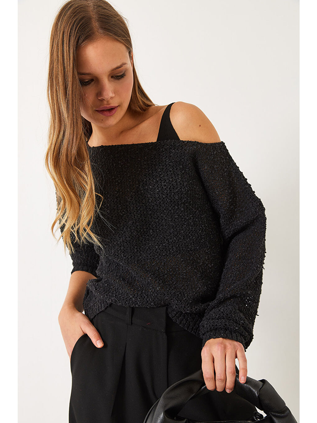 Antrasit Kadın Kayık Yaka File Detay Ajurlu Triko Bluz-2