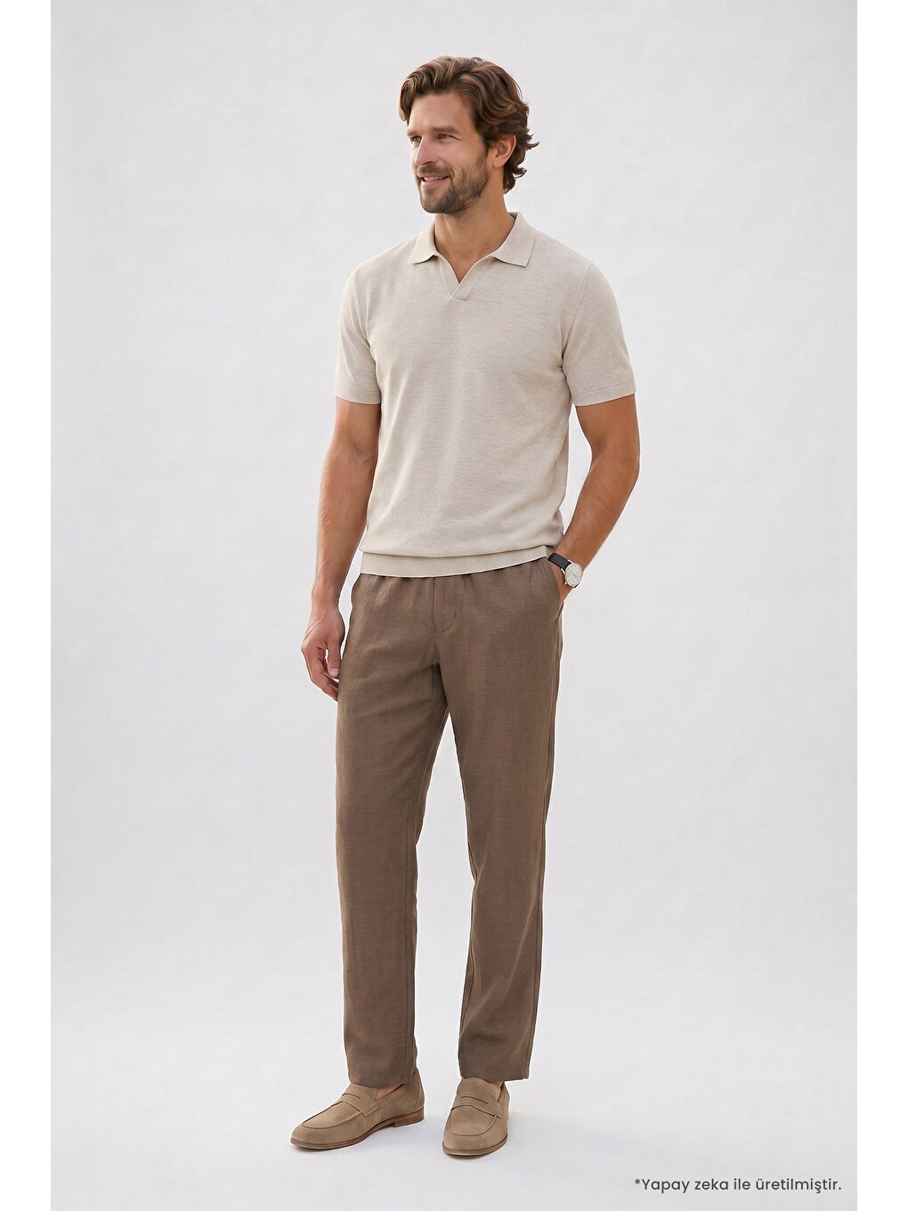 Erkek Relax Fit Rahat Kesim %100 Pamuk Geniş Paça Keten Kumaş Çift Cepli Kahverengi Pantolon-3